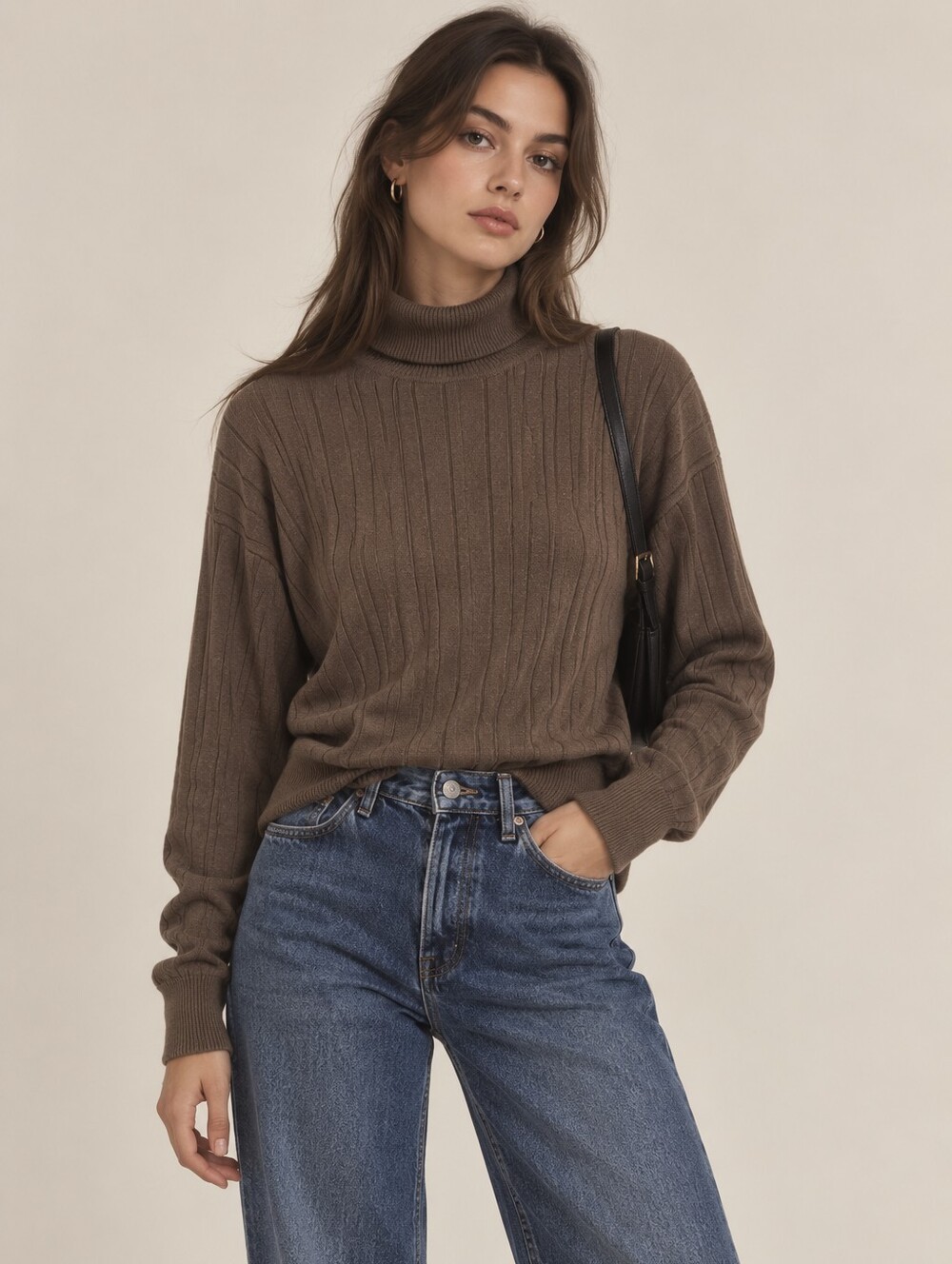 Silk & Cotton Ribbed Minimalist Relaxed Taupe Turtleneck Sweater